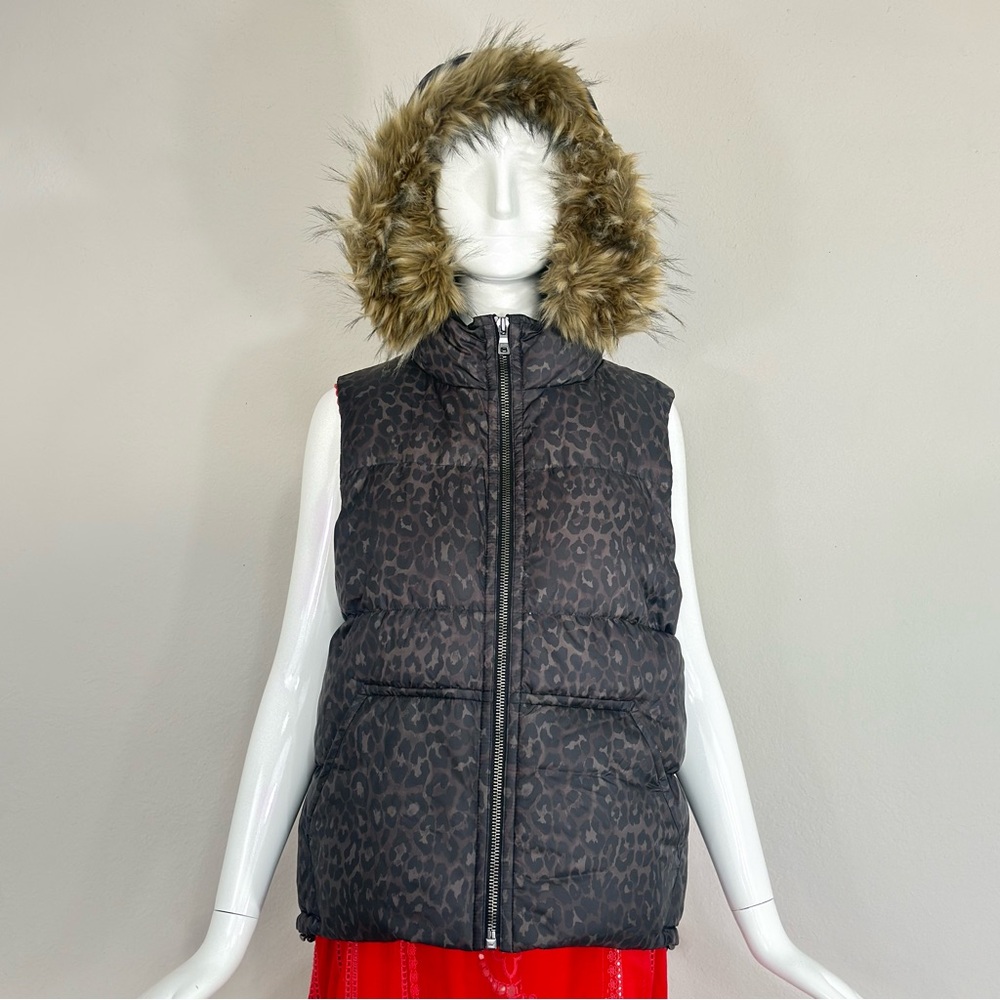 Coach Leopard Print Faux Fur Hooded Down Filled Puffer Vest Sweater Jacket Large